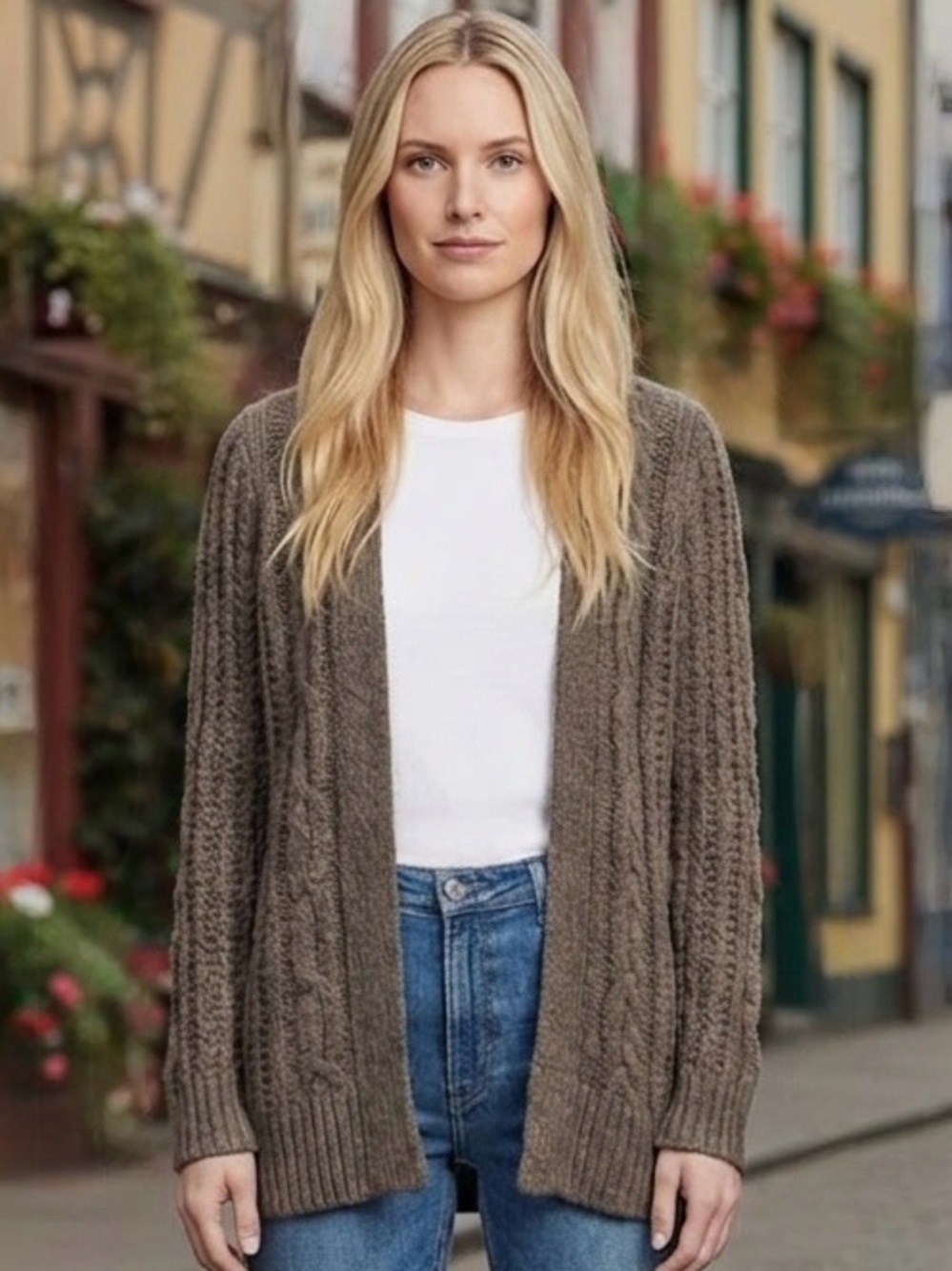 Hollister Brown Cable Knit Wool Blend Cardigan Open Front XS